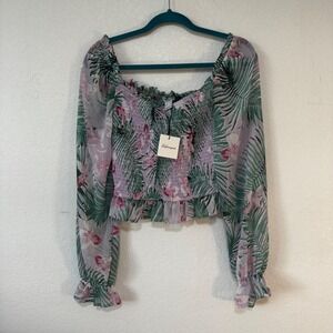 Revamped‎ Womens Smocked Crop Top Square Neck Tropical Floral Long Sleeve Large